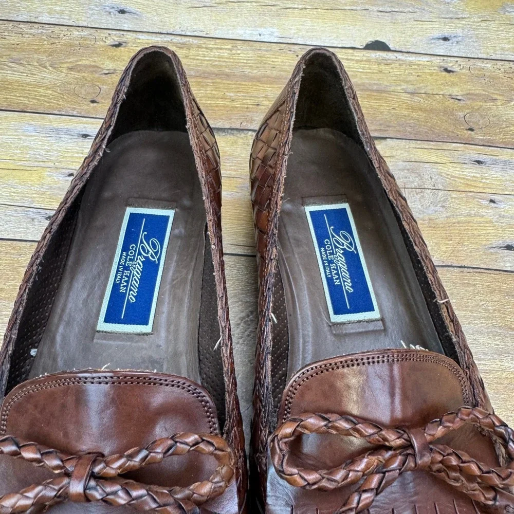 Vintage Bragano Cole Haan Men 10 Woven Leather Kiltie Tassel Loafer Brown Italy
